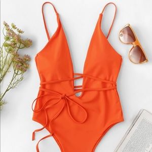 Plunging Low Back Belted One Piece Swimsuit